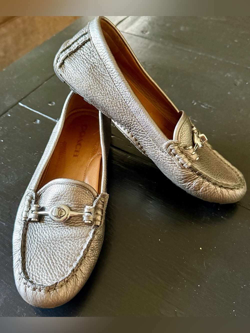 Coach Women’s Metallic Pewter Leather Driving Loafers